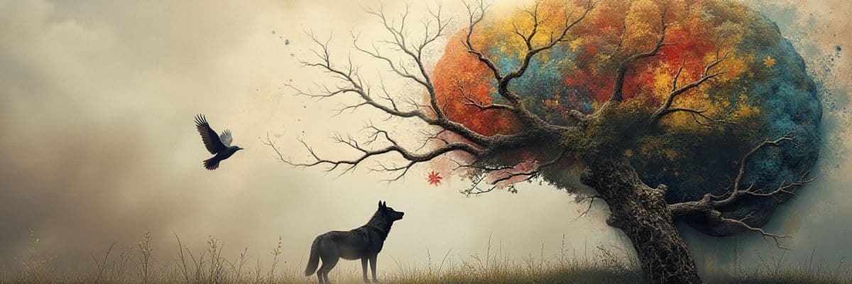 An image of the mind as a growing tree, with a raven and wolf symbolising the two root helper/trickster archetypes