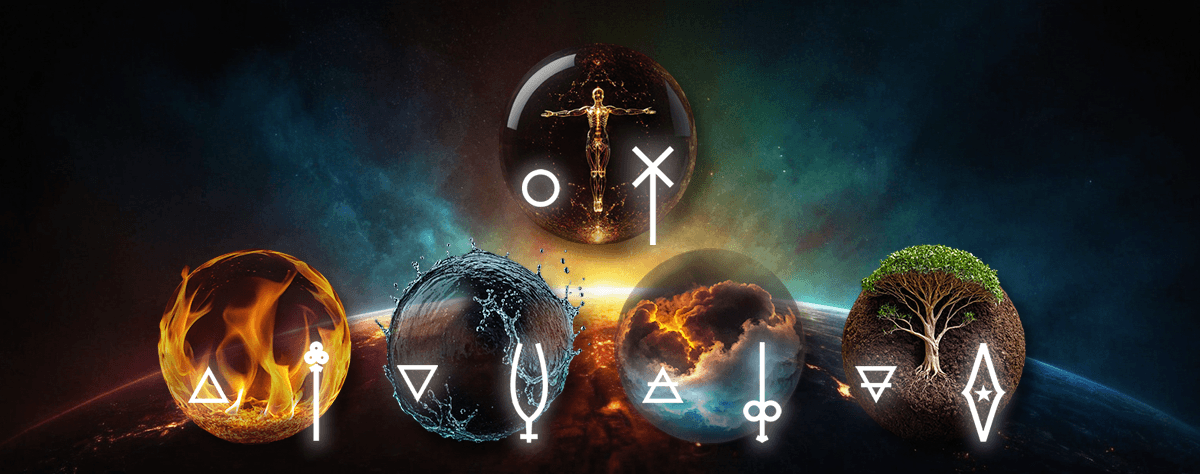 An image illustrating the relationship between the elements (aether, fire, water, air, earth) and the Tarot suites