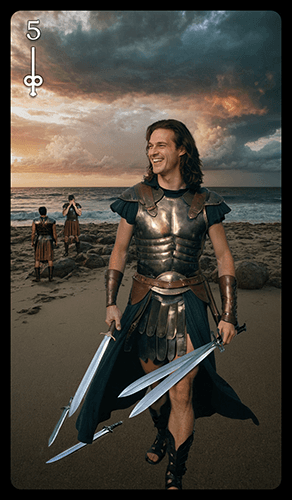 Upright 'Five of Swords' Tarot card