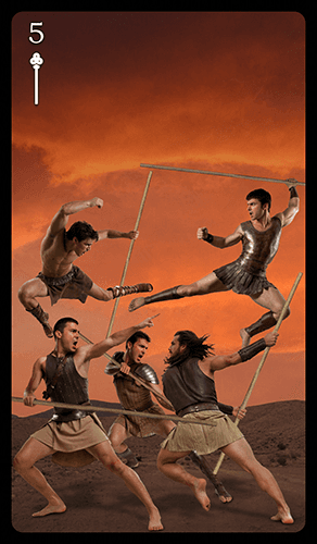 Upright 'Five of Wands' Tarot card