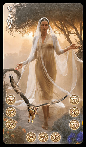 Upright 'Nine of Pentacles' Tarot card